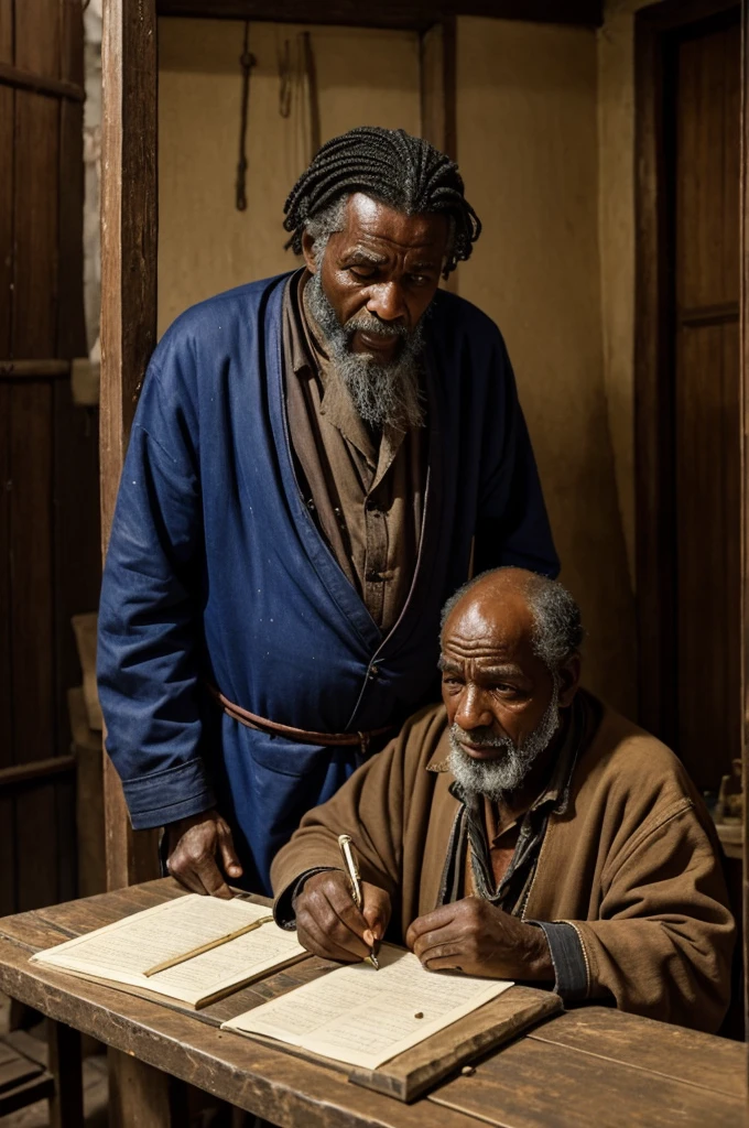 A poor and ugly man begging a rich man and above the poor man write the name Dakane Salat from Ashabito