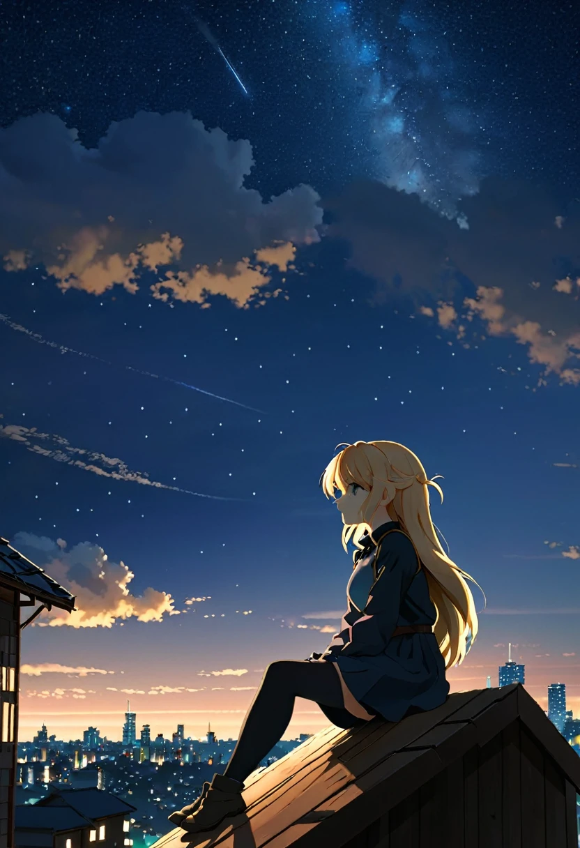 Octane, null, star (null), stage, starry null, night, 1 girl, night null, alone, Outdoor, building, cloud, milky way, Sitting, wood, Long Hair, city, silhouette, cityscape, beautiful, High resolution, 8k, anime