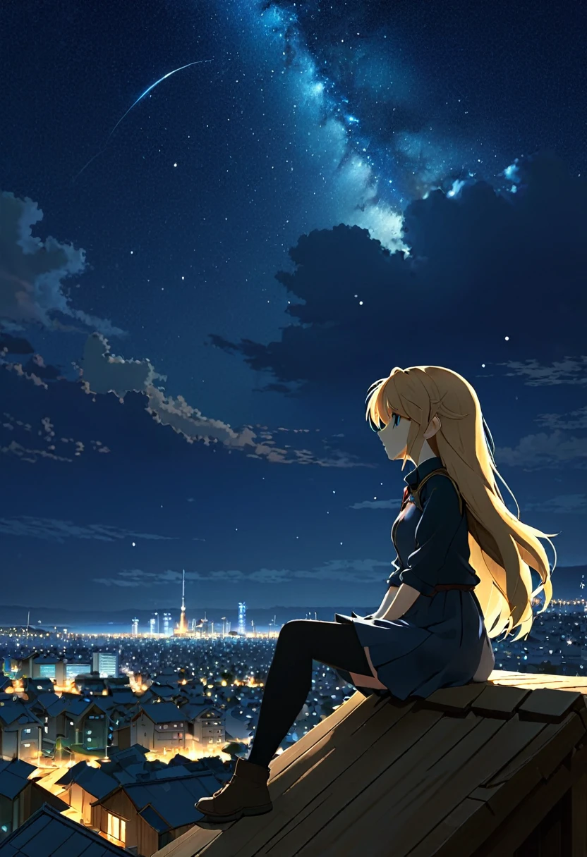 Octane, null, star (null), stage, starry null, night, 1 girl, night null, alone, Outdoor, building, cloud, milky way, Sitting, wood, Long Hair, city, silhouette, cityscape, beautiful, High resolution, 8k, anime