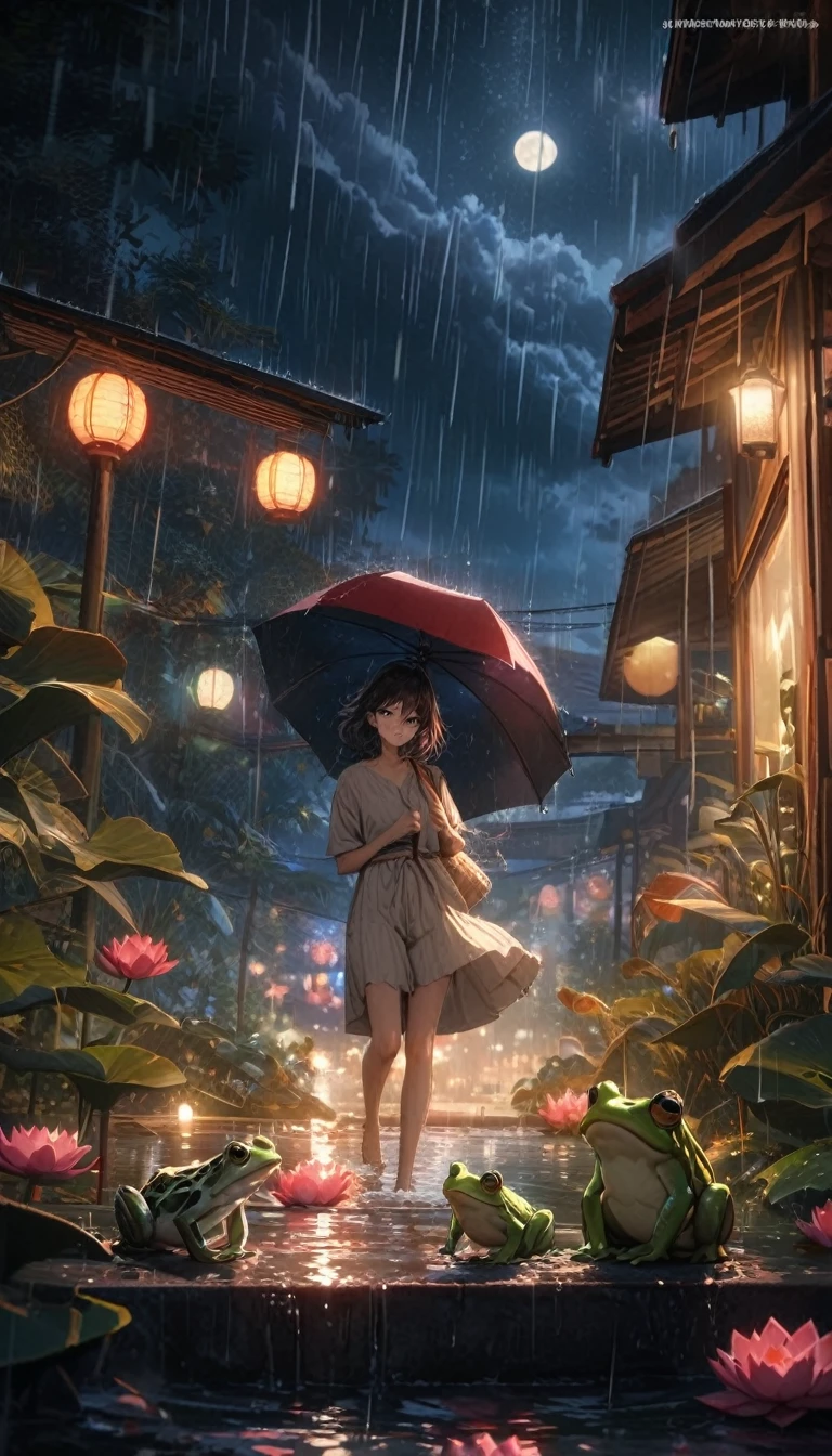 night, Only moonlight illuminates, new moon, Mountains in the distance, Beautiful big lotus nearby, Big red lotus, There is running water next to it, frog, Summer is full of joy, new moon in the sky mixed with stars, Amazing wallpapers, rainy night, rainy night, Pretty and beautiful, , High Detail ((Heavy rain))), 8K