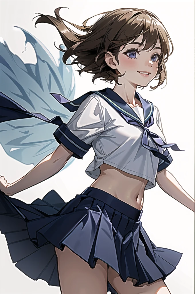 oboro \(Fleet Collection\), One Girl, alone, skirt, , Seraphim, blue skirt, pleated skirt, White Background, Sailor collar, Simple Background, belly button, blue Sailor collar, Cowboy Shot, smile, abdomen, Short sleeve, shirt, abdomen peek, white shirt, original, Intricate details, shape, masterpiece, Highly detailed CG Unity 8K wallpapers, highlight, polish, dynamic,  