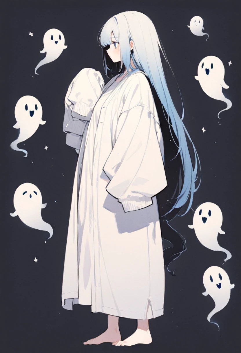 tall girl,ghost,👻,black blue background,oversized clothes, sleeves past wrists, , White cardigan,Profile,whole body,