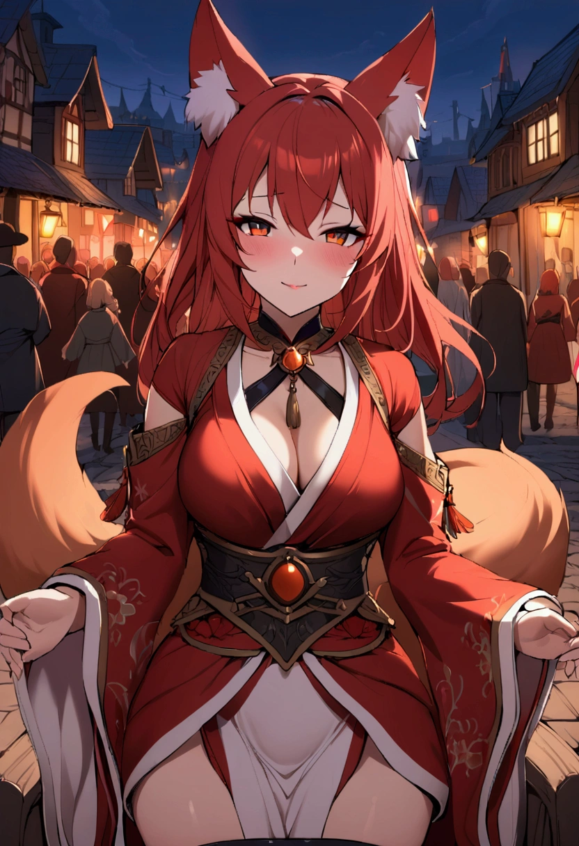 1girl with long red hair, amber eyes, fox ears, fox tail, Lustful face, red kimono, fantasy world town in background, POV, evening, crowd