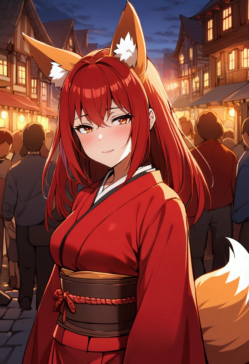 1girl with long red hair, amber eyes, fox ears, fox tail, Lustful face, red kimono, fantasy world town in background, POV, evening, crowd