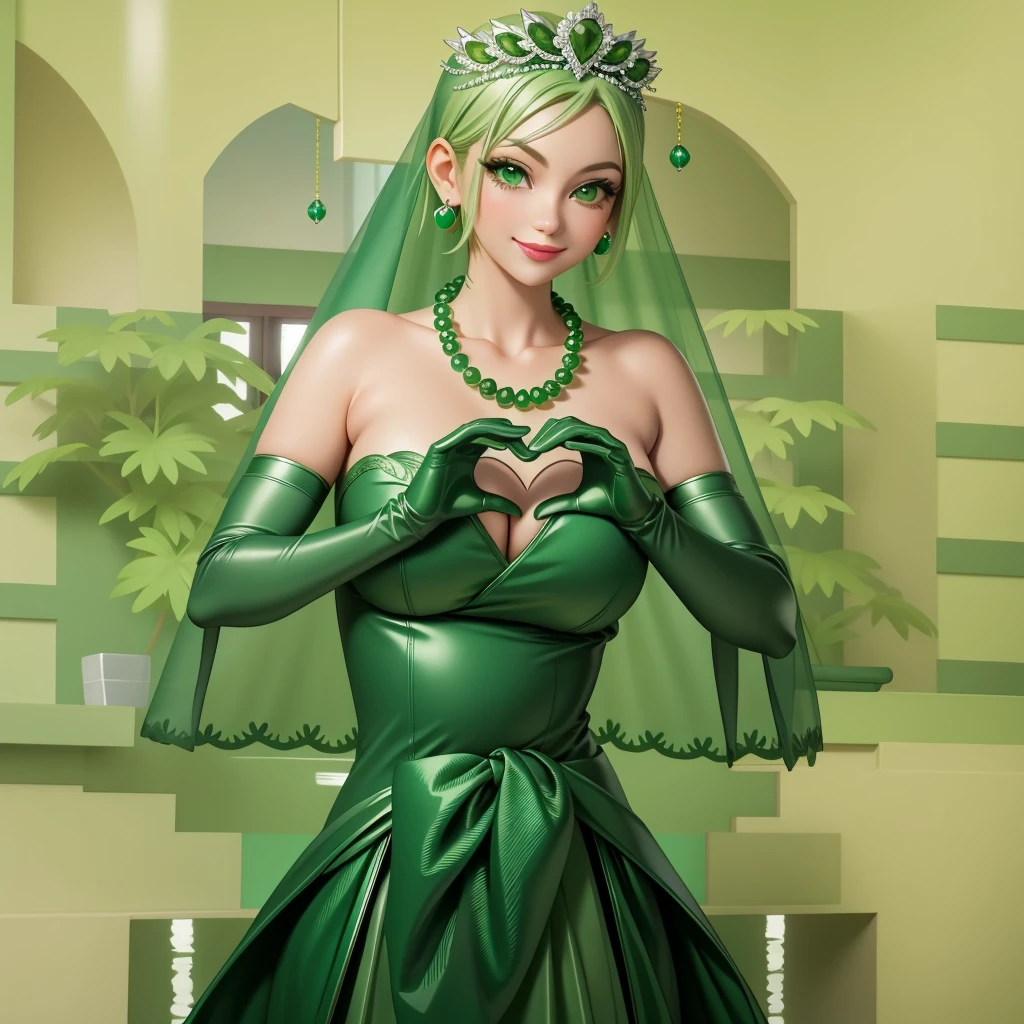 Emerald tiara, Green Pearl Necklace, Boyish very short green hair, Green Lips, Smiling Japanese woman, Very short hair, Busty beautiful lady, Green Eyes, Green satin long gloves, Green Eyes, Emerald Earrings, Green veil, Heart with both hands, Green Hair, Beautiful Japanese Women, Heart shaped hands:1.3, green lip gloss, pregnant