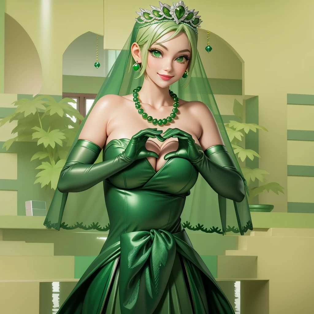 Emerald tiara, Green Pearl Necklace, Boyish very short green hair, Green Lips, Smiling Japanese woman, Very short hair, Busty beautiful lady, Green Eyes, Green satin long gloves, Green Eyes, Emerald Earrings, Green veil, Heart with both hands, Green Hair, Beautiful Japanese Women, Heart shaped hands:1.3, green lip gloss, pregnant