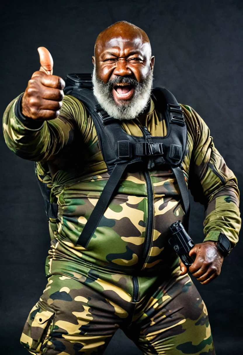 (a dark-skinned bearded fat muscular old man in a bulky army camouflage zipper diver suit) masturbating, thumbs up, carrying a gun, muscular, Bruce Onobrakpeya, sumatraism, stanley artgermm, action, heroic, fierce, snarling, best quality