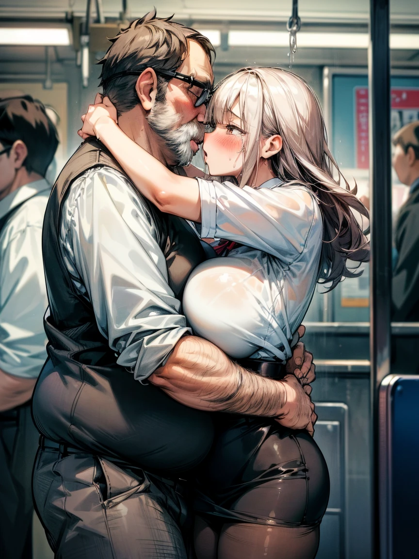 (One girl, A fat middle-aged man:1.2), Torn pantyhose, White shirt, Pencil Skirt, blush, French kiss, hug, Big Breasts, office, Very detailed, High resolution, 4K, masterpiece, High resolution、(tears:1.4)、Wall、crowded train