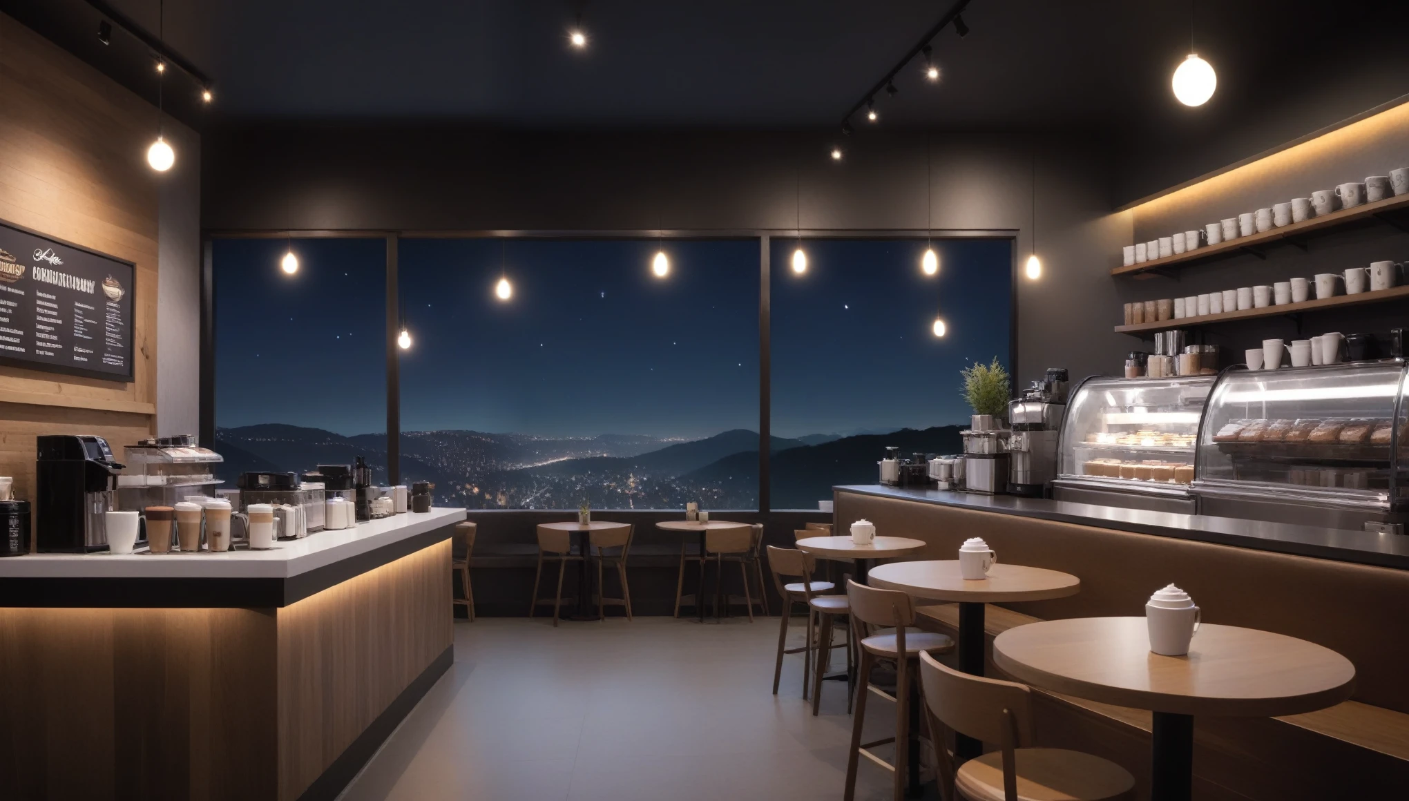 at night, frontal shot coffee shop interior, tables with coffee cups, and a big window in the center