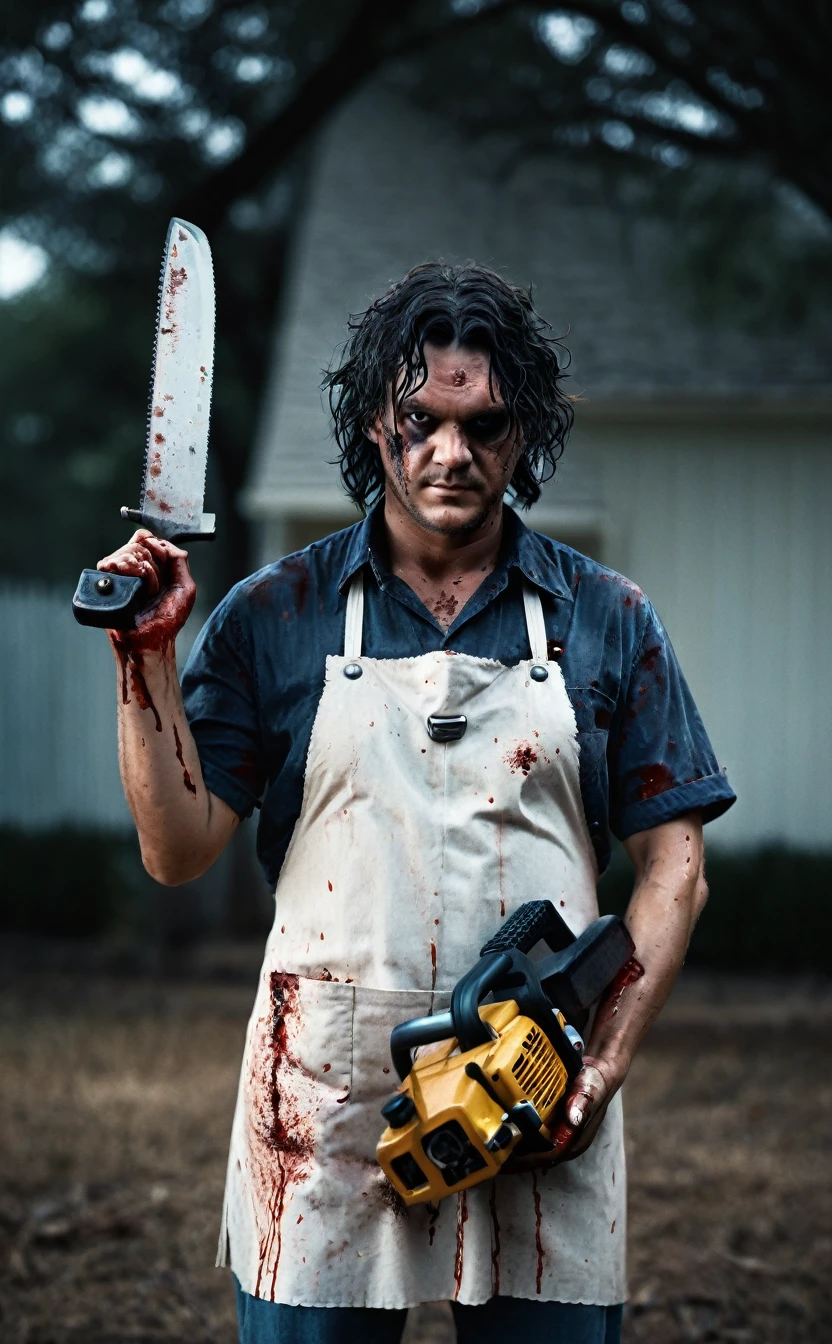 Texas Background、Aggressive pose、8k、Dark fantasy、murderer、Shaggy hair、The Texas Chainsaw Massacre、Leatherface、Strong body、Fat body、apron、blood droplets、Holding a chainsaw with both hands、Give the viewer a malicious look, Grabbing Viewer, For the viewer,Shallow depth of field, Vignette, Very detailed, High budget, Bokeh, CinemaScope, Sulky, amazing, nice, Film Grain, granular . Creepy, Anxious, dark, Creepyな, Suspenseful, strict, Very detailed