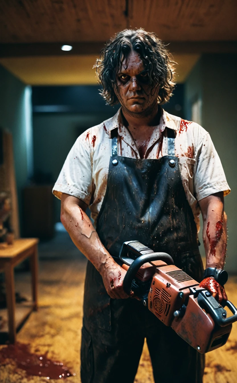 Texas Background、Aggressive pose、8k、Dark fantasy、er、Shaggy hair、The Texas Chainsaw Massacre、Leatherface、Strong body、Fat body、apron、blood droplets、Holding a chainsaw with both hands、Give the viewer a malicious look, Grabbing Viewer, For the viewer,Shallow depth of field, Vignette, Very detailed, High budget, Bokeh, CinemaScope, Sulky, amazing, nice, Film Grain, granular . Creepy, Anxious, dark, Creepyな, Suspenseful, strict, Very detailed