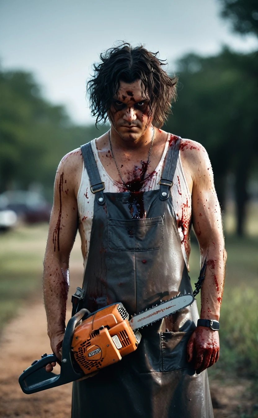 Texas Background、Aggressive pose、８ｋ、Dark fantasy、murderer、Shaggy hair、The Texas Chainsaw Massacre、Leatherface、Strong body、Fat body、apron、blood droplets、Holding a chainsaw with both hands、Give the viewer a malicious look, Grabbing Viewer, For the viewer,Shallow depth of field, Vignette, Very detailed, High budget, Bokeh, CinemaScope, Sulky, amazing, nice, Film Grain, granular . Creepy, Anxious, dark, Creepyな, Suspenseful, strict, Very detailed