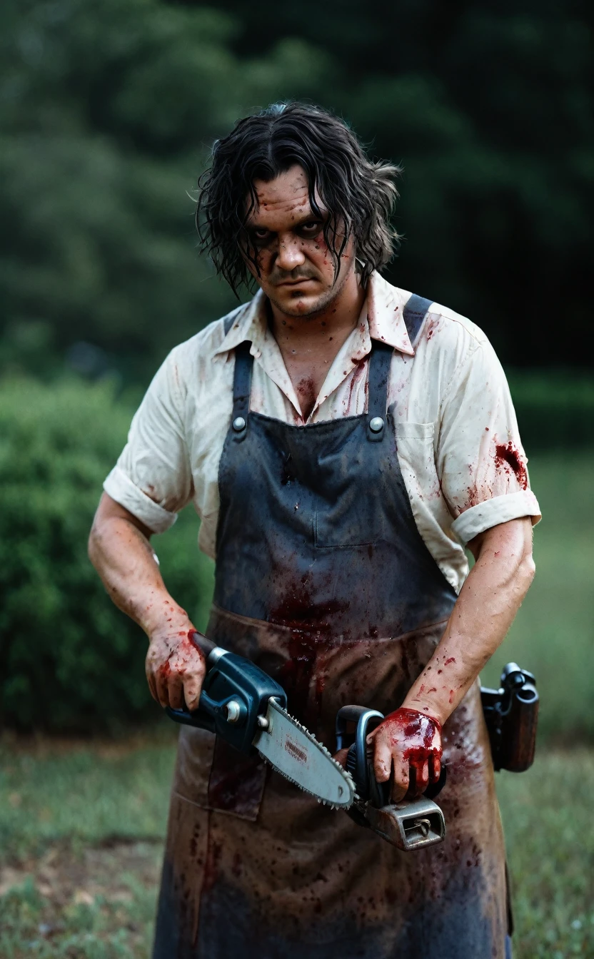 Texas Background、Aggressive pose、8k、Dark fantasy、murderer、Shaggy hair、The Texas Chainsaw Massacre、Leatherface、Strong body、Fat body、apron、blood droplets、Holding a chainsaw with both hands、Give the viewer a malicious look, Grabbing Viewer, For the viewer,Shallow depth of field, Vignette, Very detailed, High budget, Bokeh, CinemaScope, Sulky, amazing, nice, Film Grain, granular . Creepy, Anxious, dark, Creepyな, Suspenseful, strict, Very detailed