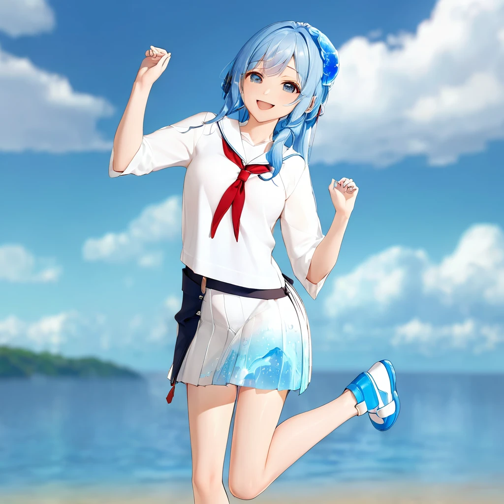 Anime girl with blue hair, white shirt and blue shoes, Jellyfish Shrine Maiden 8k, rei hiroe, Inspired by Rei Kamoi, Mikudayo, Anime girl running, Anime-style 3D, Pause(Raise the hand + Happy), 3d anime girl, Anime girl walking on water, render of a cute 3d anime girl, Anime-style characters