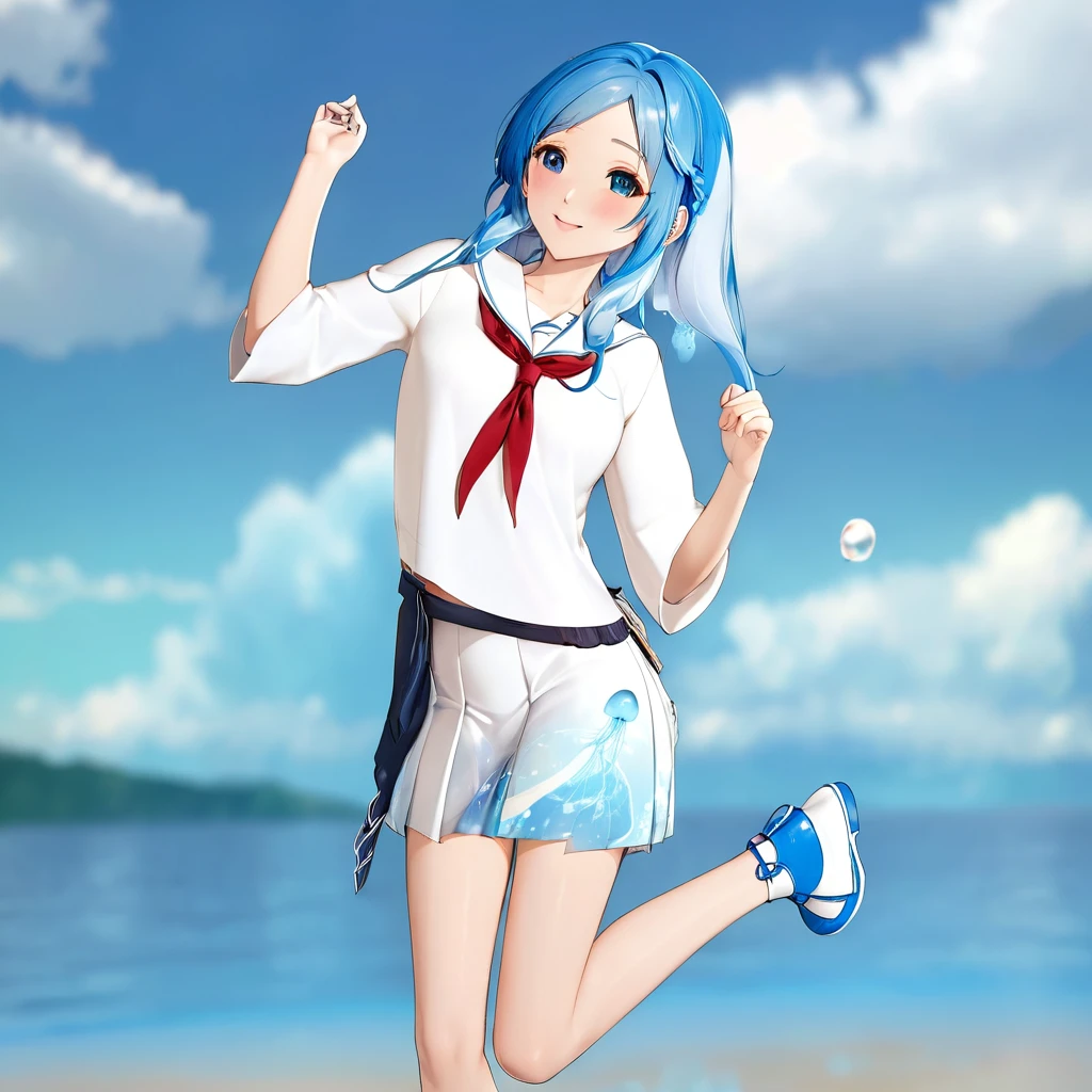 Anime girl with blue hair, white shirt and blue shoes, Jellyfish Shrine Maiden 8k, rei hiroe, Inspired by Rei Kamoi, Mikudayo, Anime girl running, Anime-style 3D, Pause(Raise the hand + Happy), 3d anime girl, Anime girl walking on water, render of a cute 3d anime girl, Anime-style characters