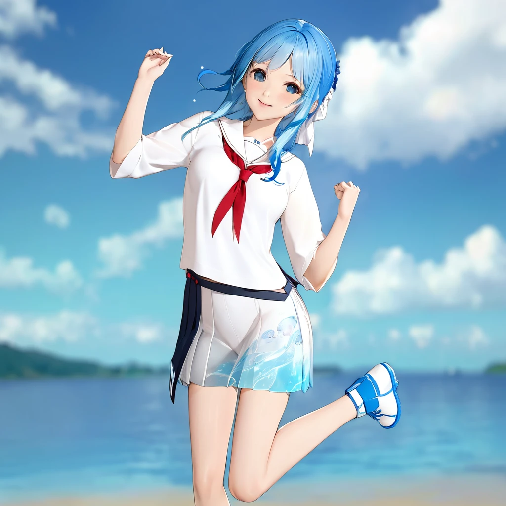 Anime girl with blue hair, white shirt and blue shoes, Jellyfish Shrine Maiden 8k, rei hiroe, Inspired by Rei Kamoi, Mikudayo, Anime girl running, Anime-style 3D, Pause(Raise the hand + Happy), 3d anime girl, Anime girl walking on water, render of a cute 3d anime girl, Anime-style characters