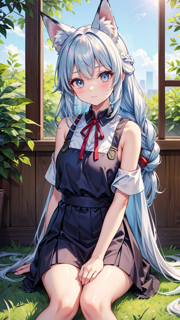 A fox girl image:Work clothes,new Chinese style;Everyday wear,Try various modern styles。Hair color: granny gray,Pick a touch of blue;Fox image,White Fox Pick Blue。Big fox ears in front of the morning(Refer to the current Daling avatar),Human ears covered by hair and red braided rope,Appears as a hair tie、Work performance is post-production、Daily performance is side braid、Fox image表现为项圈,The arms, shoulders and neck have technological patterns。Weird and funny words;Low sense of humor in communication;Expressing chatterbox,Easy to immerse yourself;Comprehension is a bit funny,Because we are exploring modern human society。Sitting on the ground