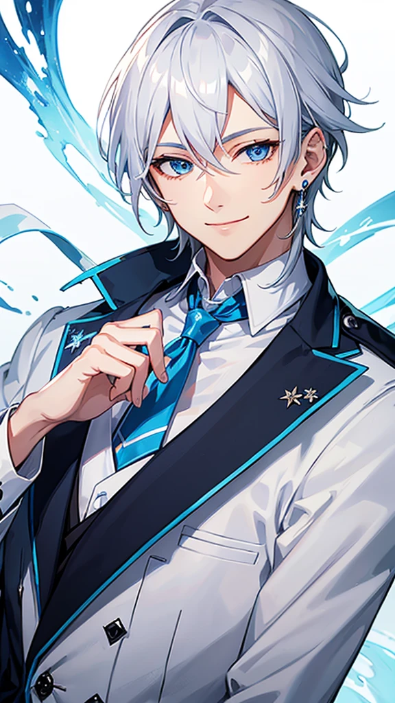 1 young man、Silver Hair、Inner Blue、blue eyes、smile、White Suit、White tie、Shortcuts, Shiny Hair, Earrings, smiling, Bright Eyes, Close-up, Anime Style,