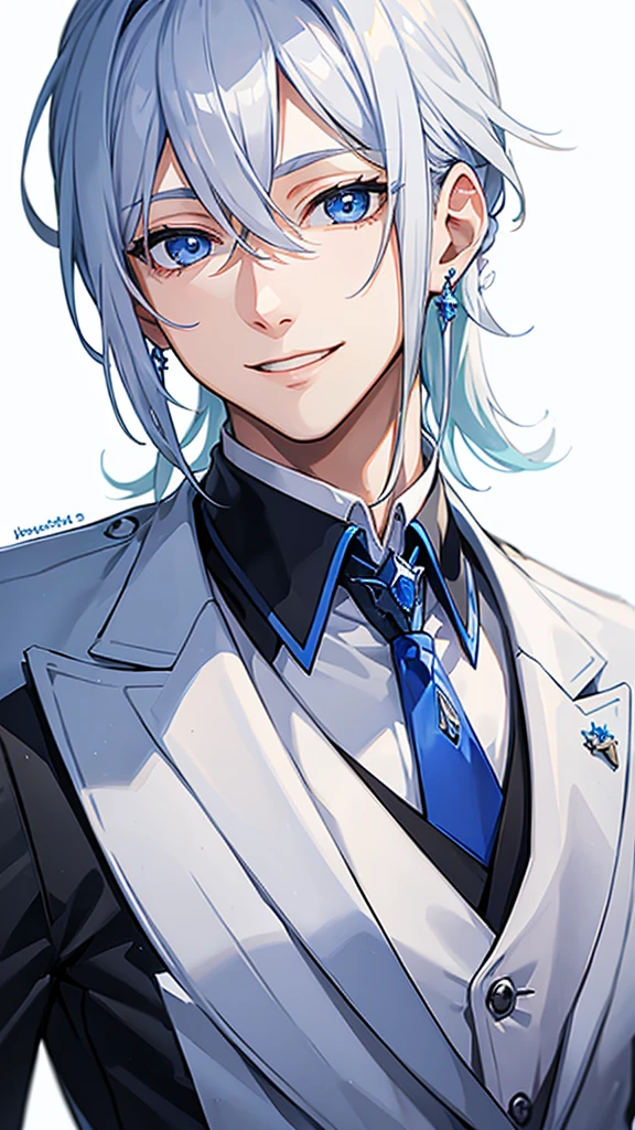 ung man、Silver Hair、Inner Blue、blue eyes、smile、White Suit、White tie、Shortcuts, Shiny Hair, Earrings, smiling, Bright Eyes, Close-up, Anime Style,