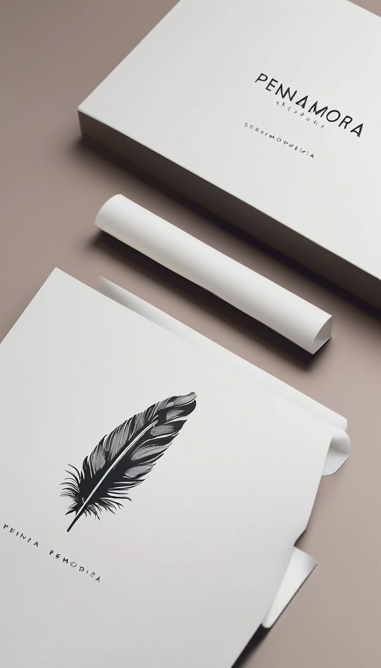 A minimal, modern, simple, cinematic logo design for the brand “Penamemoria". Create a modern, minimalistic, high-quality, white logo of a simple, fantastic, hipnotic, dreamy, artistic feather that symbolizes dreams, stories and memories