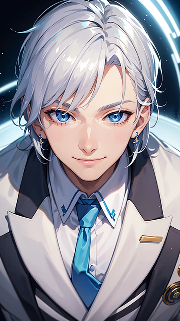 a young man, silver hair, blue inner, blue eyes, smiling, white suit, white necktie, short hair, shiny hair, earrings, cheerful smile, bright eyes, closeup, anime style, high quality, 8k, detailed, photorealistic, professional, vivid colors, studio lighting