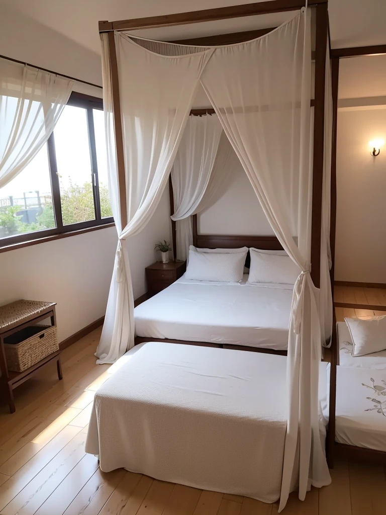 Bedroom of a bunglow, it's on 1st floor, it has a huge canopy bed, sliding doors, balcony outside with walls instead of grill ((huge bed)), ((huge room))