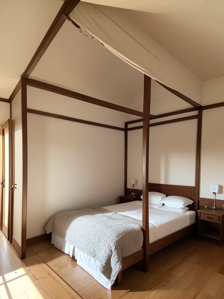 Bedroom of a bunglow, it's on 1st floor, it has a huge canopy bed, sliding doors, balcony outside with walls instead of grill ((huge bed)), ((huge room))