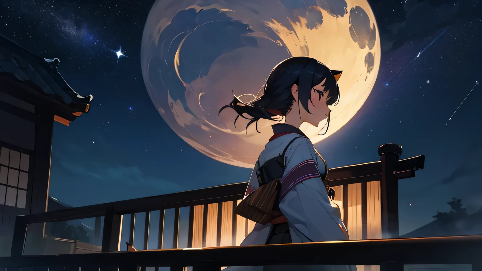 a japanese girl looking above night sky stars at the balcony with a cat
