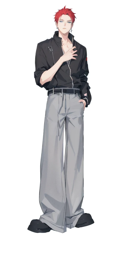 Wearing a black jacket and grey pants、Red hair anime boy, !!full Body portrait!!, anime full Body illustration, full Body illustration, fullBody portrait, single character full Body, Tall anime man with blue eyes, full Body portrait of a short!, full Body single character, character full Body portrait, full Body character portrait, full_Body!!, full Body portrait