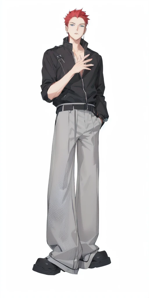Wearing a black jacket and grey pants、Red hair anime boy, !!full Body portrait!!, anime full Body illustration, full Body illustration, fullBody portrait, single character full Body, Tall anime man with blue eyes, full Body portrait of a short!, full Body single character, character full Body portrait, full Body character portrait, full_Body!!, full Body portrait