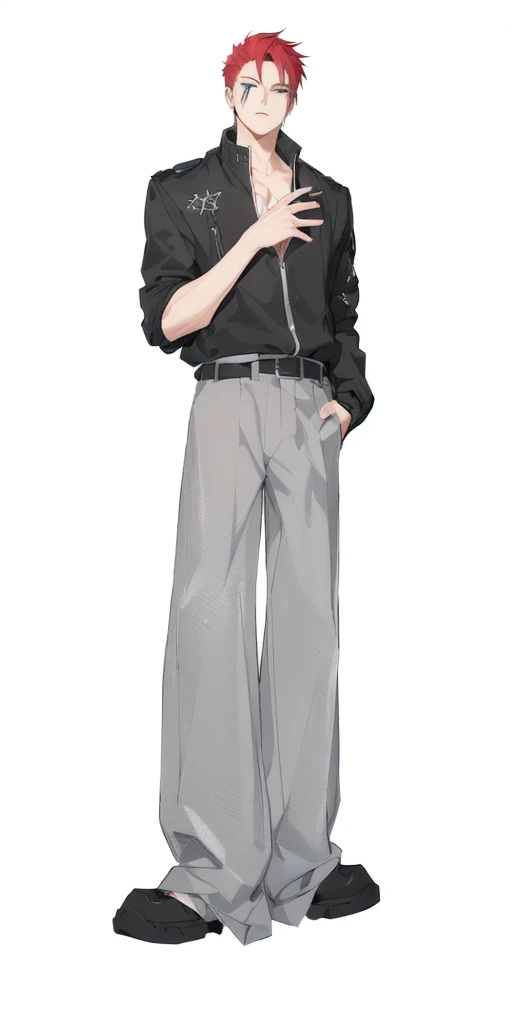 Wearing a black jacket and grey pants、Red hair anime boy, !!full Body portrait!!, anime full Body illustration, full Body illustration, fullBody portrait, single character full Body, Tall anime man with blue eyes, full Body portrait of a short!, full Body single character, character full Body portrait, full Body character portrait, full_Body!!, full Body portrait