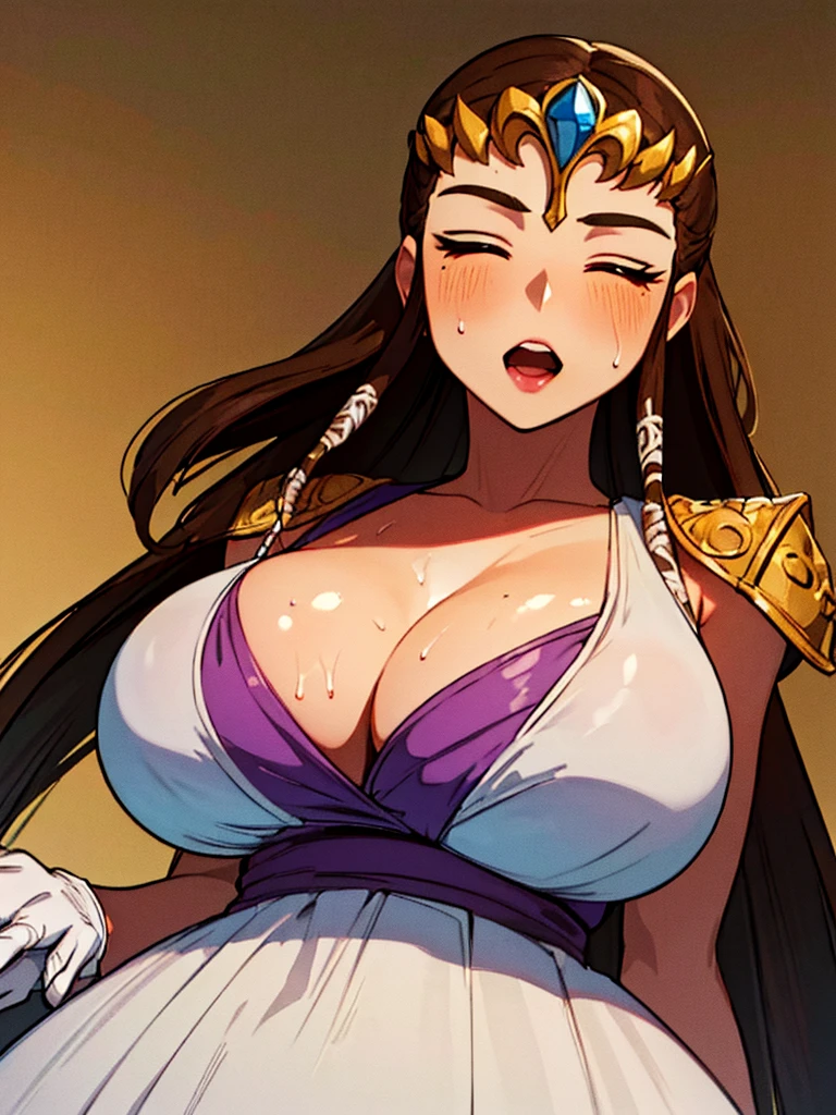 (((Face close-up,Facing forward))),(((No background))),((Close ~ eyes,Open your mouth,Beautiful Lips)),((((A sweaty and super busty Portrait of a woman)))))),((Upper Body)),((alone)),((Exposed shoulders)),Anime art style,masterpiece,(Highest quality), (Super detailed),(Very delicate and beautiful),(alone),(detailedな顔と目,Long eyelashes),(A truly gorgeous jeweled ruffled rococo ball gown dress),(((Mature、汗をかいたSuper big breastsな女王))),((1 Queen in a beautiful embroidery and jeweled absolutely gorgeous rococo ballgown dress with voluminous full length hoop skirt)),((Wavy super long hair)),,Cleavage,(bed),lengthｰgloves,((((Super big breasts)))),((((Adult Expressions)))),((((Beautiful Face)))),((((dress)))),((((Messy super long dark brown hair)))),((Cleavage))Princess Zelda,((chest is slightly exposed)), ((Highest quality)),,(Very detailed) ,((Purple Blouse)),((Hair spreading in the wind)),Brown Hair,(()),, ((Highest quality)), (Very detailed),((detailed)),(((pray))),Nintendo, The Legend of Zelda),,((alone)), ((Highest quality)), (Very detailed), ,