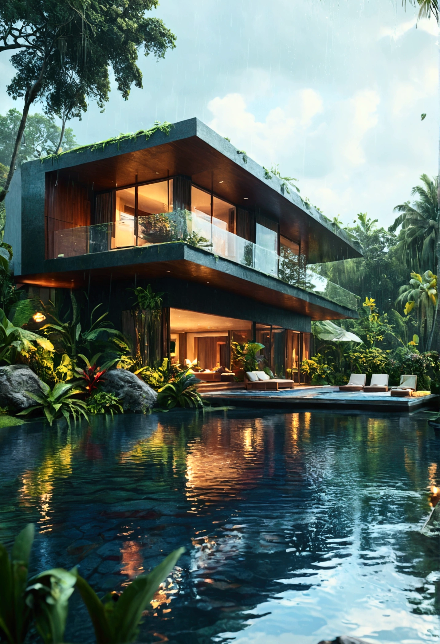 modern villa- nature- afternoon- lake- magical- ultrarealistic-raining-tropical nature