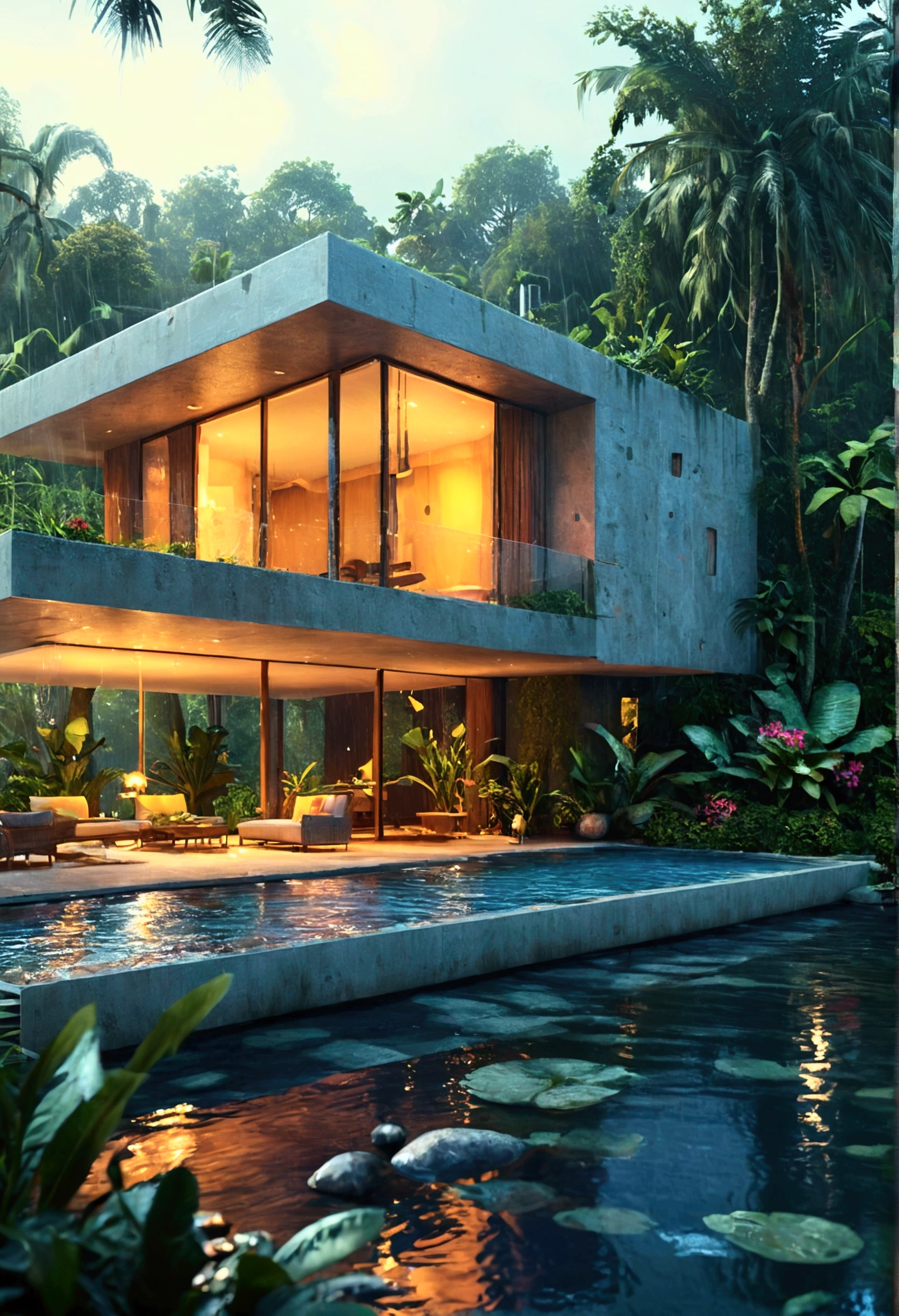 modern villa- nature- afternoon- lake- magical- ultrarealistic-raining-tropical nature
