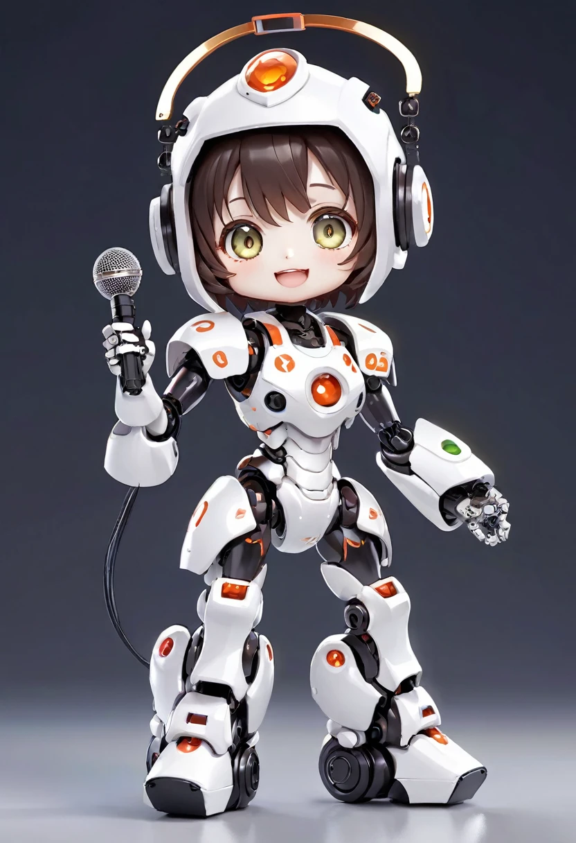 ((Dice-themed robot)), 3D Rendering, Jongsuk Lee, Digital Art, Adorable glowing creatures, Nendoroid-like style, Futuristic Gear Shiny White Armor、A cute girl robot、Big eyes、antenna、Electronic display panel on chest、Holding the microphone close to his mouth while speaking、Smiling Kindly、((whole body、Background is white))、Are standing