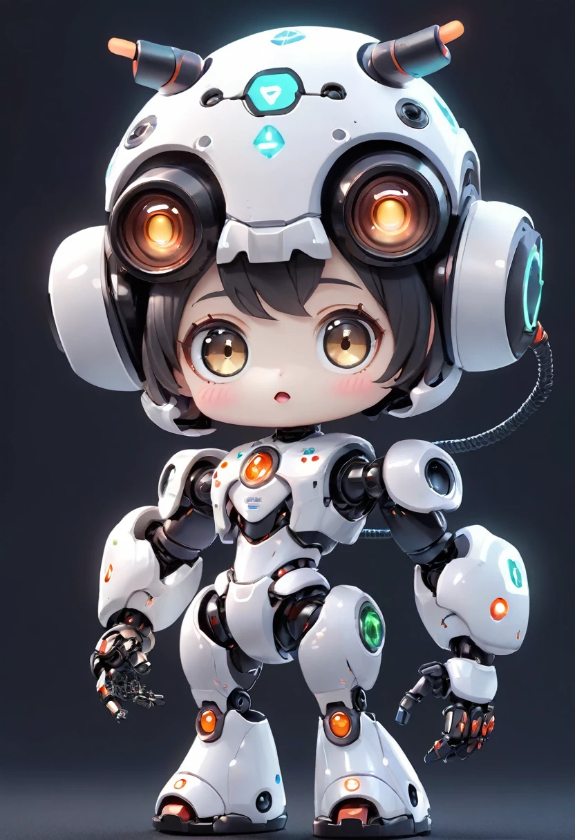 ((Dice-themed robot)), 3D Rendering, Jongsuk Lee, Digital Art, Adorable glowing creatures, Nendoroid-like style, Futuristic Gear Shiny White Armor、A cute girl robot、Big eyes、antenna、Electronic display panel on chest、Holding the microphone close to his mouth while speaking、Smiling Kindly、((whole body、Background is white))、Are standing
