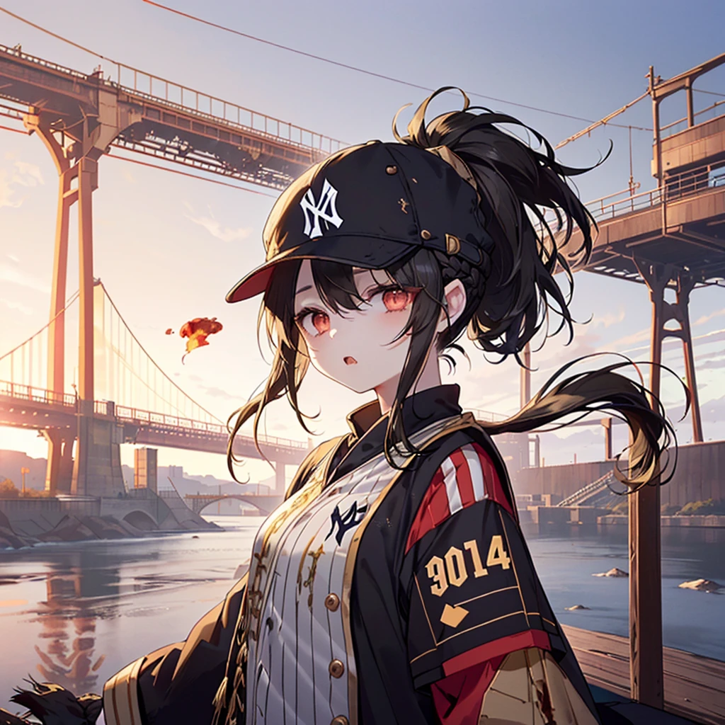 ((((Yankee　Cap　Wear a jersey、gold、Black　Blood))))　(((Black Hair、ponytail、Blowing in the Wind　Bright red eyes　Jagged、Open your mouth)))　((Under the bridge　Riverbank))　Shining Edge　Shining Background