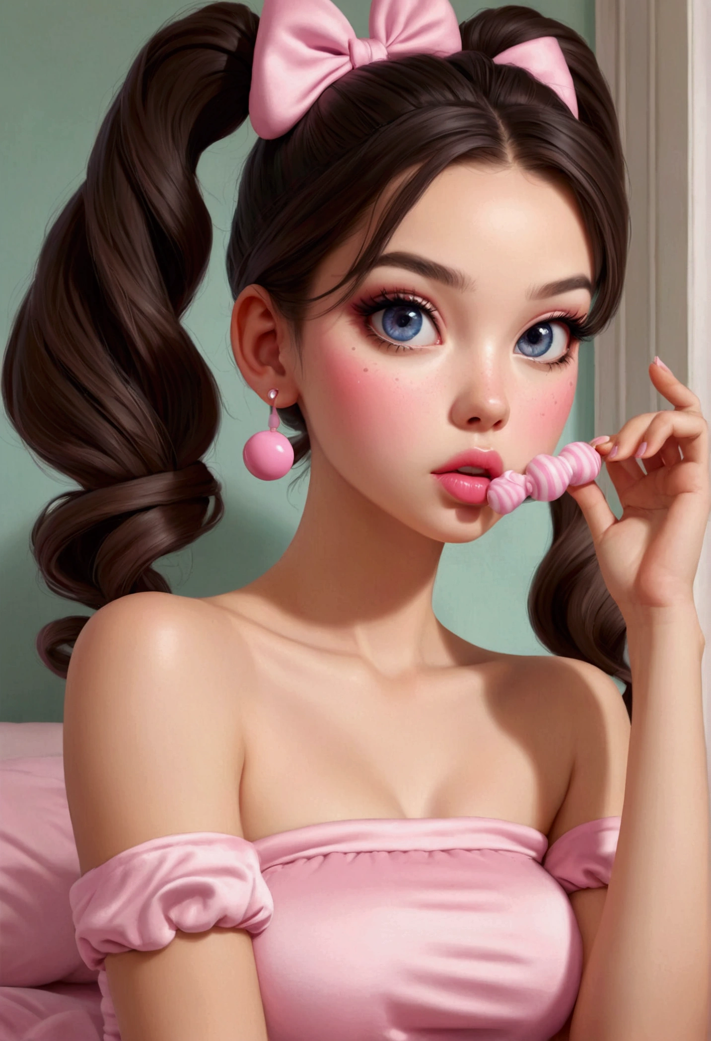 simple skin pijama, pink strapless tube top, pijama rosa, ponytails, eyes makeup, pink lips, sexy eyes,  cute, ilustration, candy in your hands