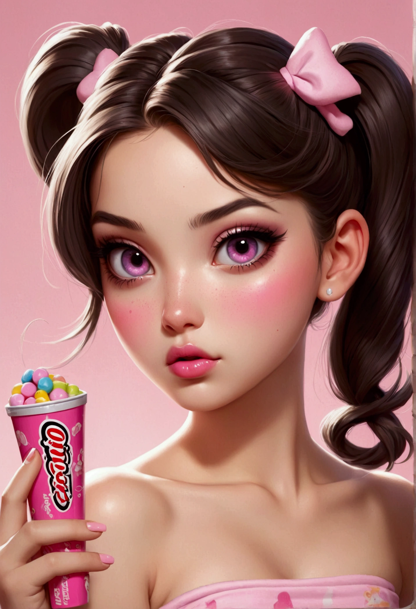 simple skin pijama, pink strapless tube top, pijama rosa, ponytails, eyes makeup, pink lips, sexy eyes, cute, ilustration, candy in your hands