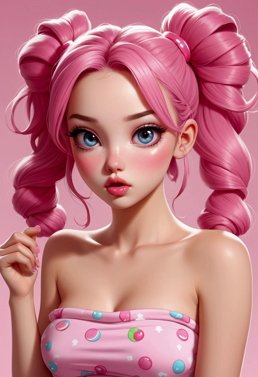 simple skin pijama, pink strapless tube top, pijama rosa, ponytails, eyes makeup, pink lips, sexy eyes,  cute, ilustration, candy in your hands