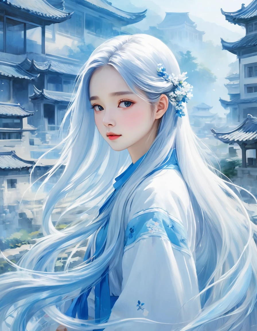 (((masterpiece,best quality))),((good structure,Good composition,good atomy)),((clear, original,beautiful)),1girl,long hair,( white blue theme:1.3),qingsha,seecolor,looking down,