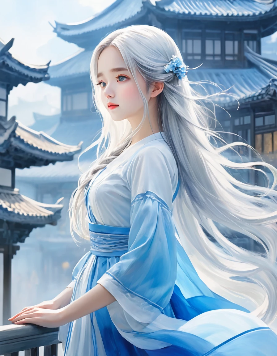 (((masterpiece,best quality))),((good structure,Good composition,good atomy)),((clear, original,beautiful)),1girl,long hair,( white blue theme:1.3),qingsha,seecolor,looking down,