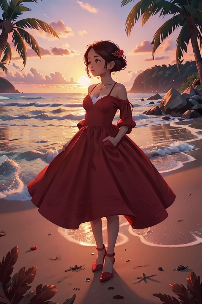 beautiful women in the red dress on the beach in sunset