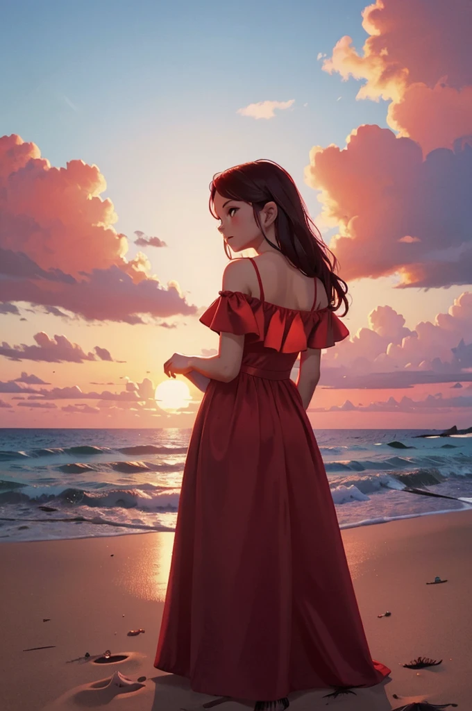 beautiful women in the red dress on the beach in sunset