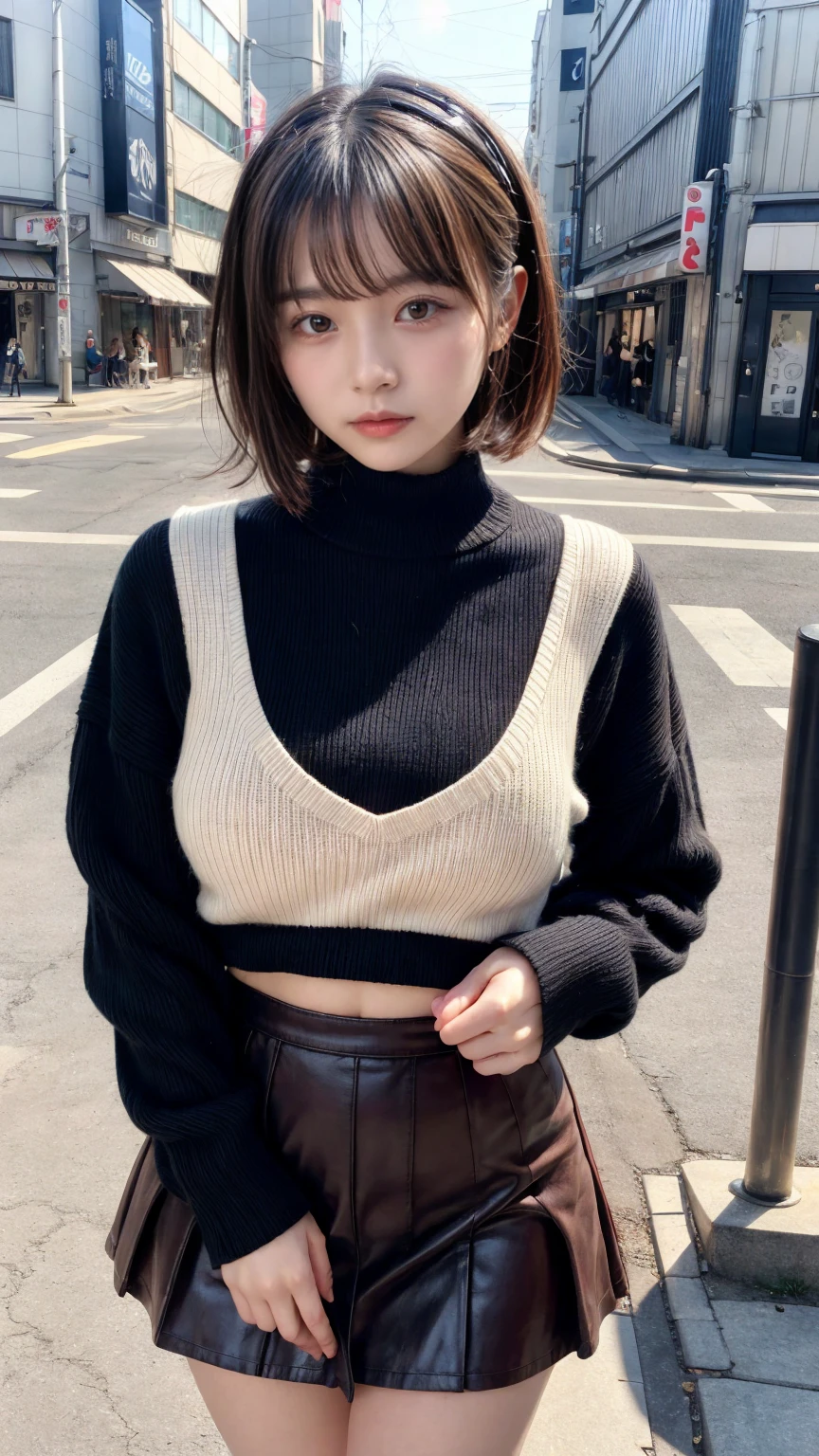 masterpiece, best quality, illustration, Super detailed, fine details, High resolution, 8K,wall paper, perfect dynamic composition,(Details High quality, realistic depiction of eyes:1.3), short hair, Gorgeous and stylish black fluffy latest trend Tokyo winter clothes, wool sweater, A-line skirt, short bob hair, black hair color, Big Natural Color Lip, sexy pose, crying a little、cold gaze, Harajuku style、20 year old girl、cute type、ta, hposing Gravure Idol, full body photo、focus on crotch, large breasts, expresses the roundness and softness of your chest, Don't expose it