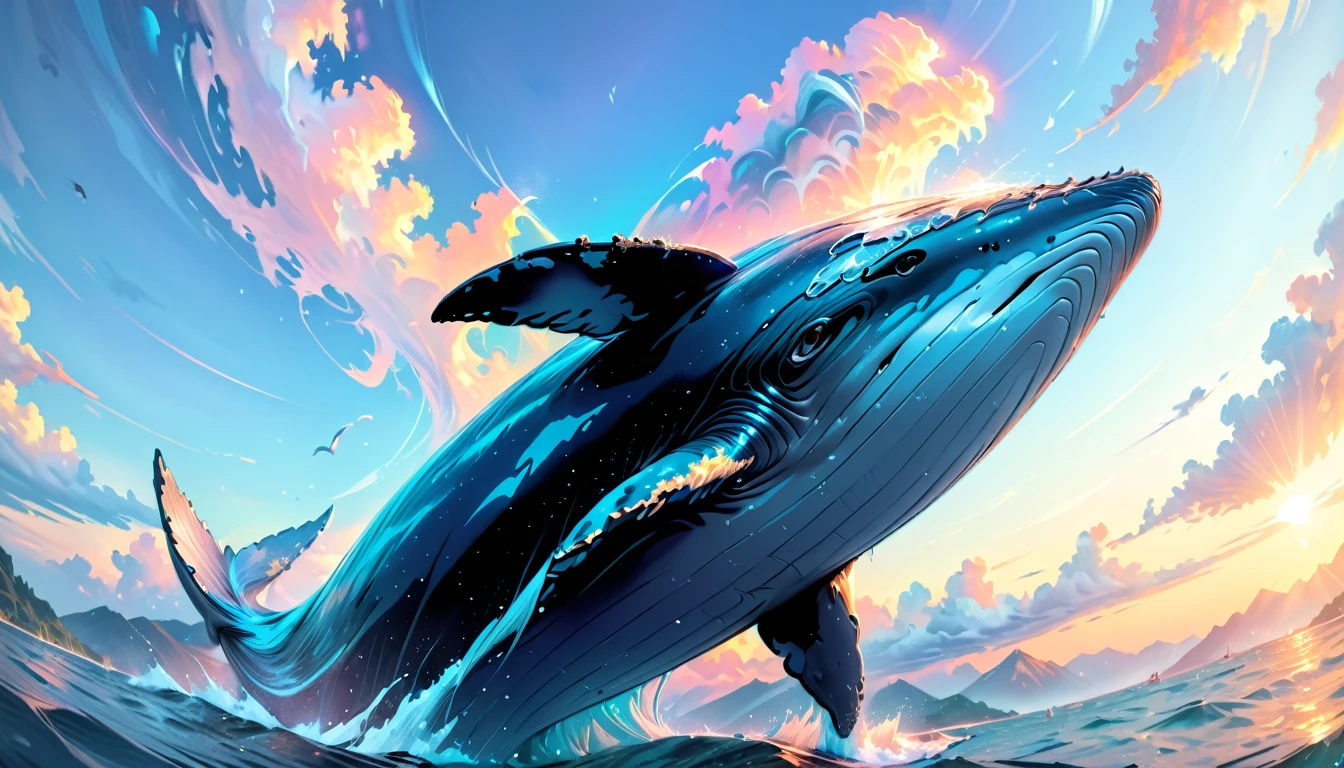 Humpback whale soar high in the sky, best quality, (masterpiece:1.2), hyper detailed, ultra high res, absolutely resolution, 4K, ultra HD, insanely detailed and intricate, high resolution, HDR, beautifully, aesthetic, (beautiful detailed background),