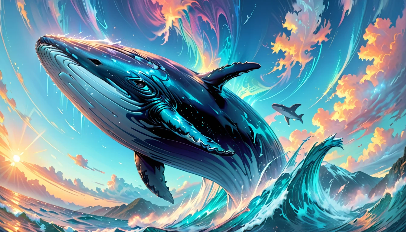 Humpback whale soar high in the sky, best quality, (masterpiece:1.2), hyper detailed, ultra high res, absolutely resolution, 4K, ultra HD, insanely detailed and intricate, high resolution, HDR, beautifully, aesthetic, (beautiful detailed background),