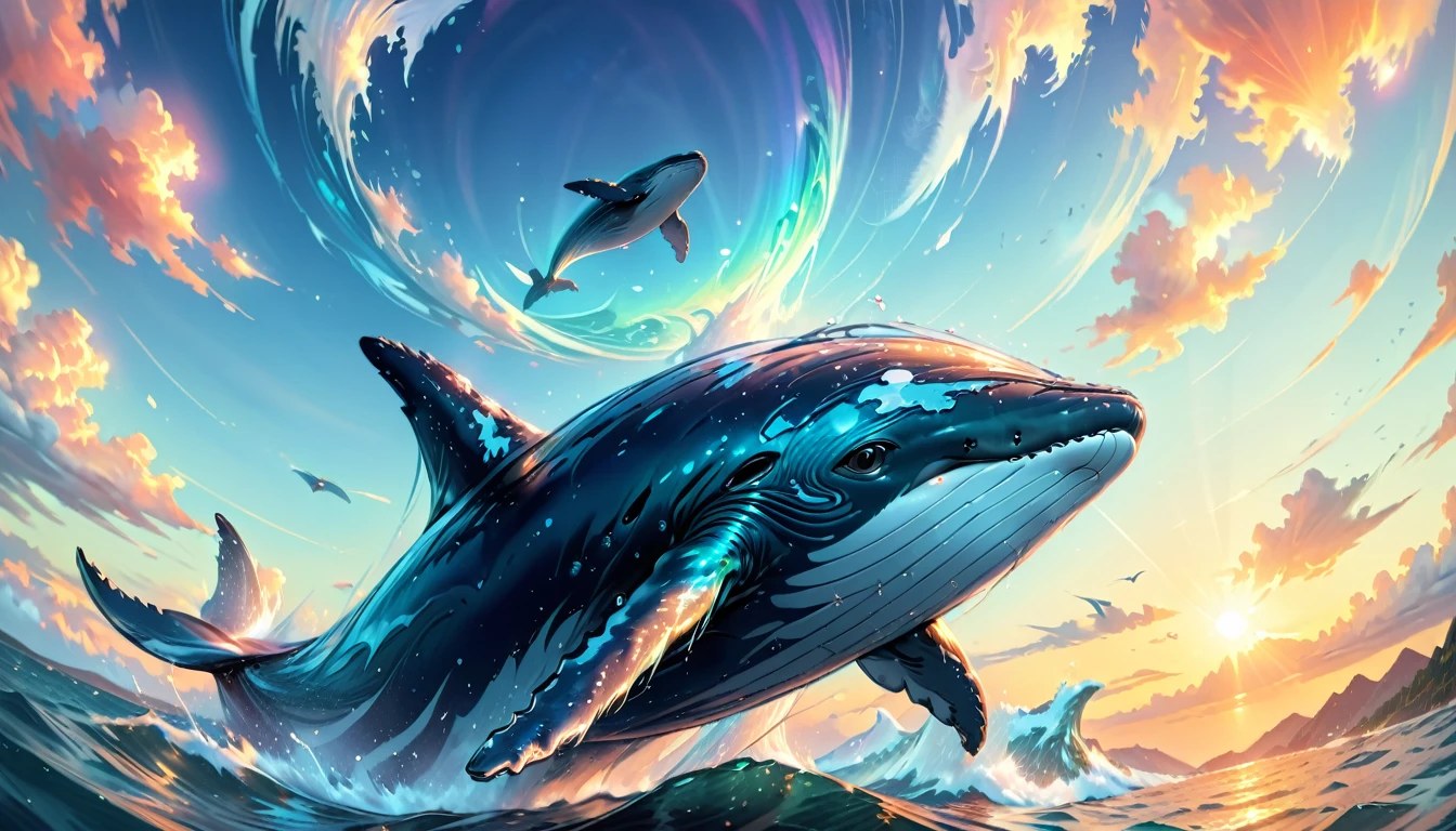 Humpback whale soar high in the sky, best quality, (masterpiece:1.2), hyper detailed, ultra high res, absolutely resolution, 4K, ultra HD, insanely detailed and intricate, high resolution, HDR, beautifully, aesthetic, (beautiful detailed background),
