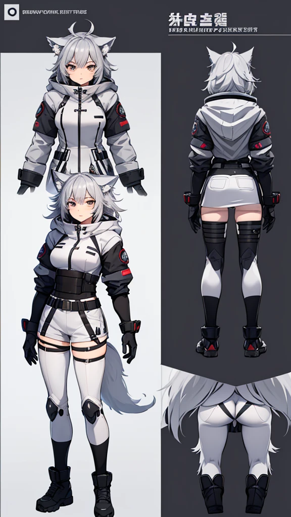 (CHARACTERSHEET:1) (MULTIPLE VIEWS FULL BODY UPPER BODY REFERENCE SHEET:1) Cute Girl, Anime Girl, Grey Hair, Wolf ears, Wolf Tail, Tactical outfit, Winter Jacket (CharacterSheet:1), (multiple views full body upper body reference sheet:1)
