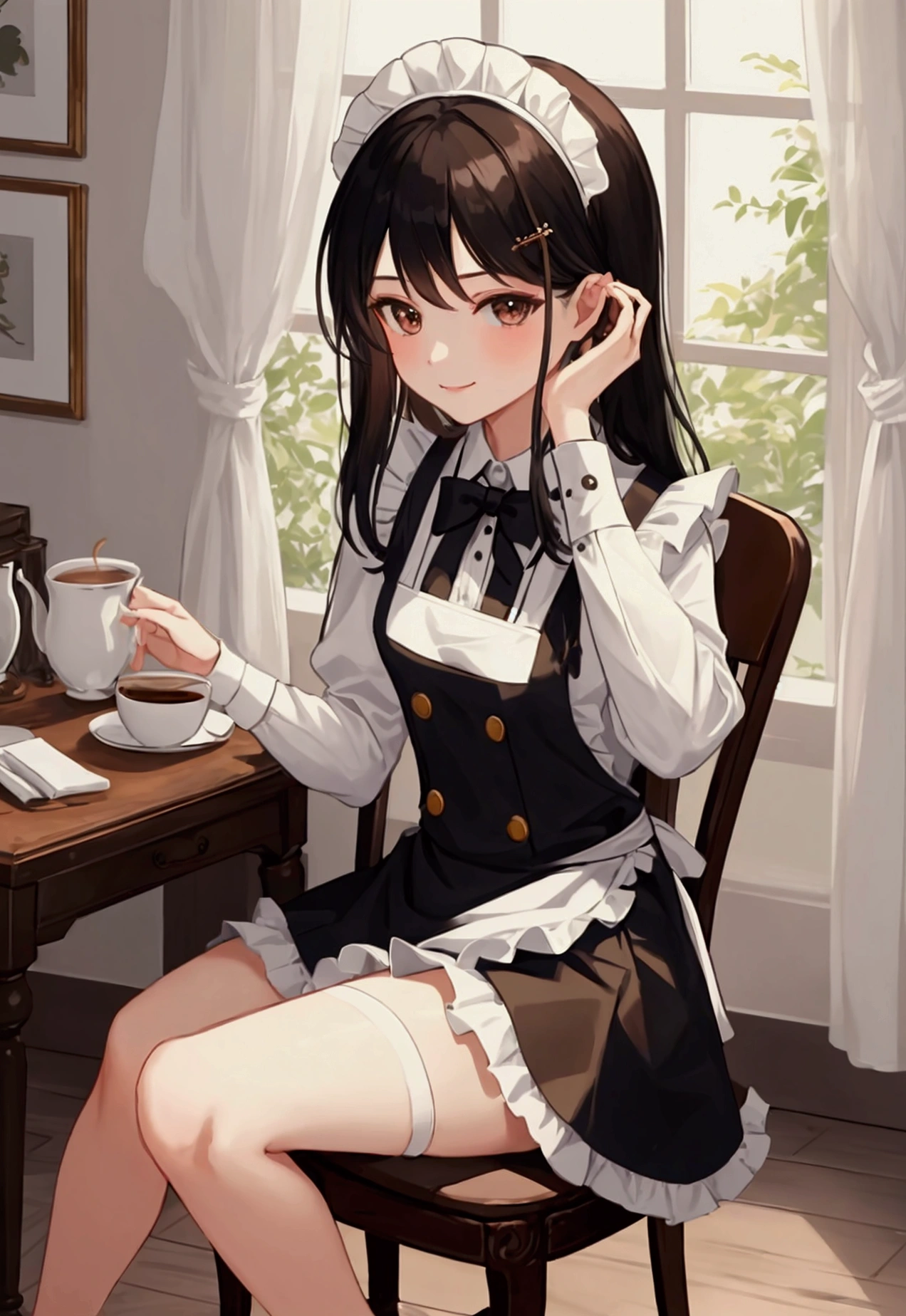 masterpiece, Highest quality, Absurd, Super detailed, 1 girl、As an adult、smile、shirt、skirt、apron、hair ornaments、Black Hair、Brown eyes、Fairy、Maid、Maidコスチューム、（Small breasts）、Wind、Squat、coffee、Sitting in a chair